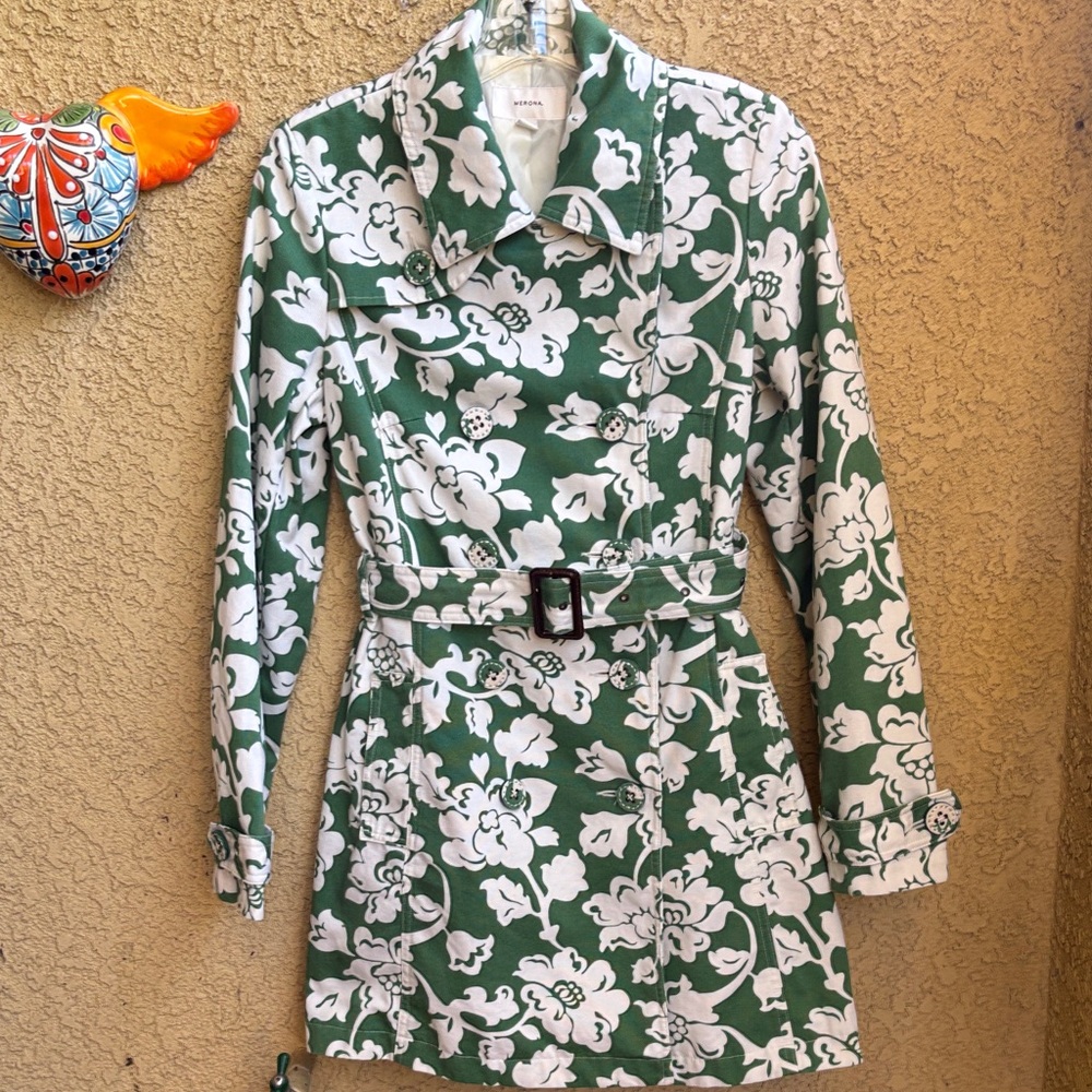 Merona Green & White Floral Belted Trench Coat